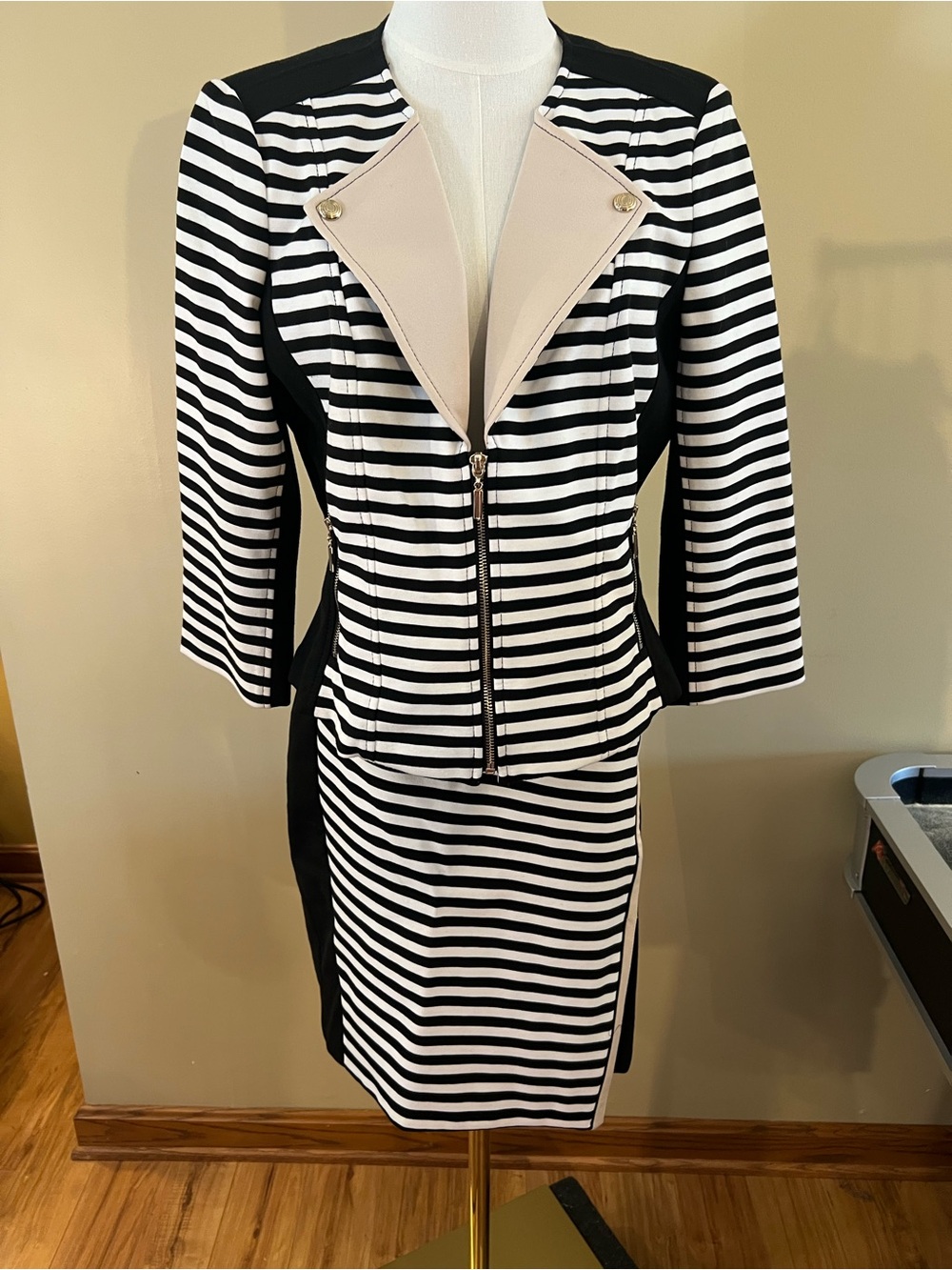 WHBM Black & White Striped Zip-Front Jacket and Pencil Skirt Set
